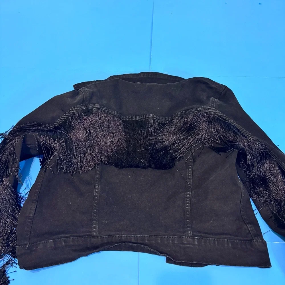 Fashion Nova Coastal Cowgirl Whimsigoth Black Fringe Jean Jacket